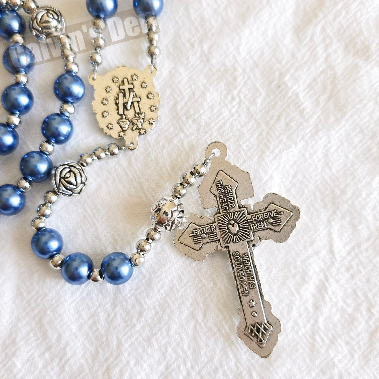 Blue Pearl Bead Rosary Necklace Miraculous Medal Rosebud Crucifix Cross Gift