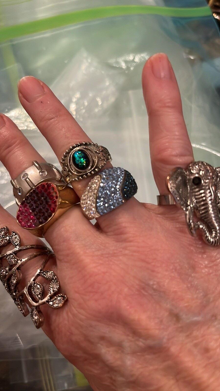 SIX COCKTAIL RINGS DIFF SIZES, Vintage, 18k Gp, Bling Marked Etc