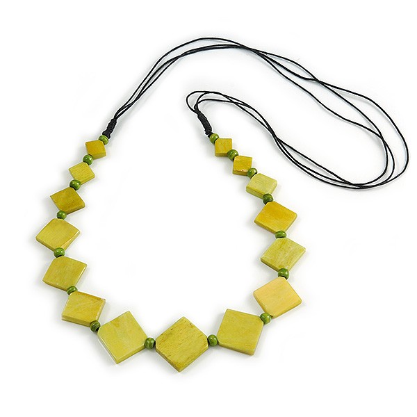 Lime Green Square Bone Bead Black Cotton Cord Long Necklace – 82cm L