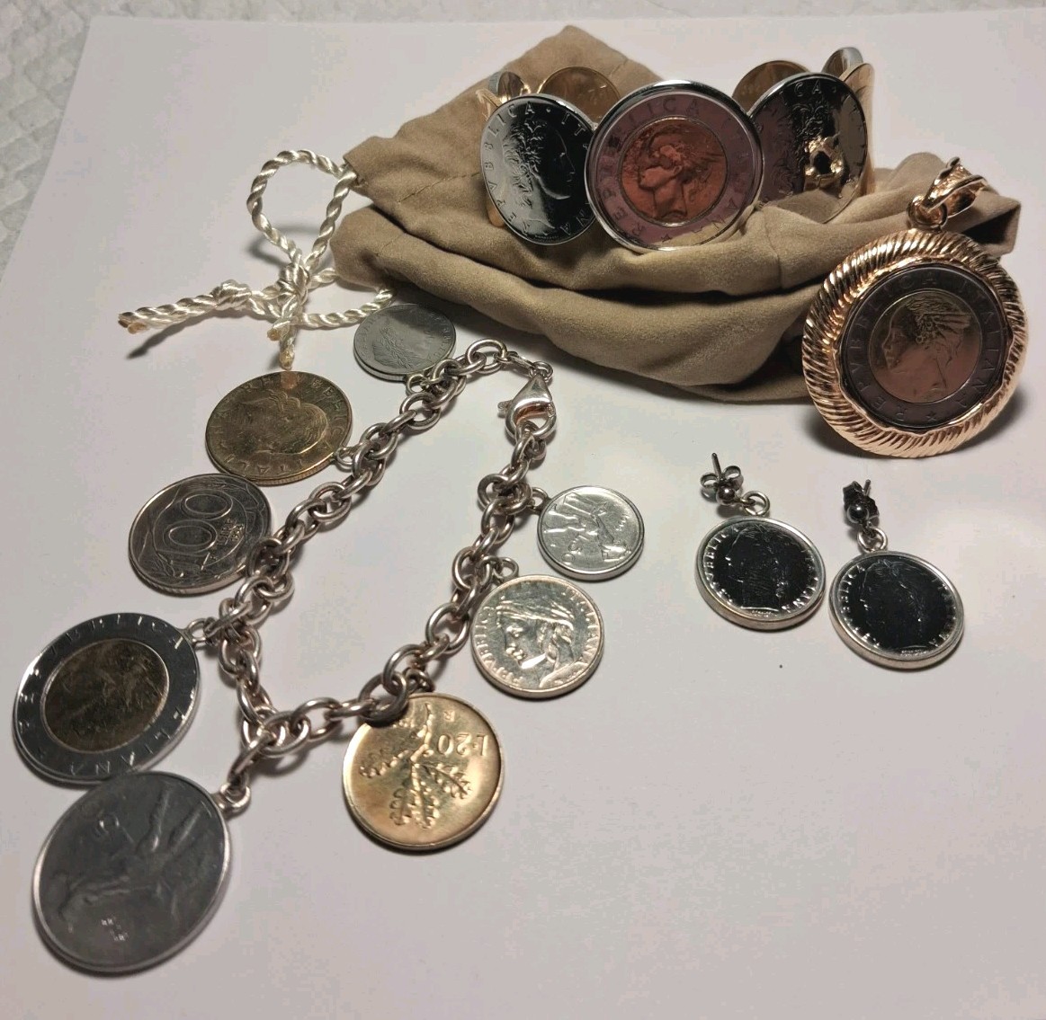 Vintage Milor Italy 925 Sterling Silver Italian Lira Coin Jewelry Set Boxed 184g