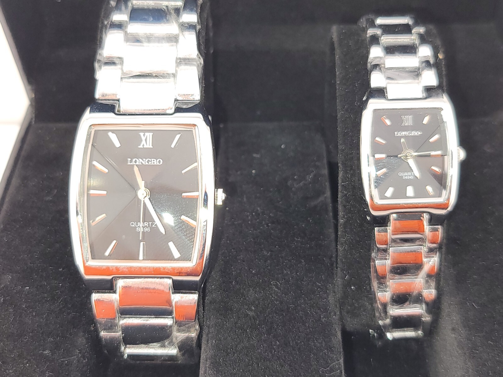 New in Box Longbo Men’s & Ladies Matching Luxury Crystal Wrist Watch Set Silver