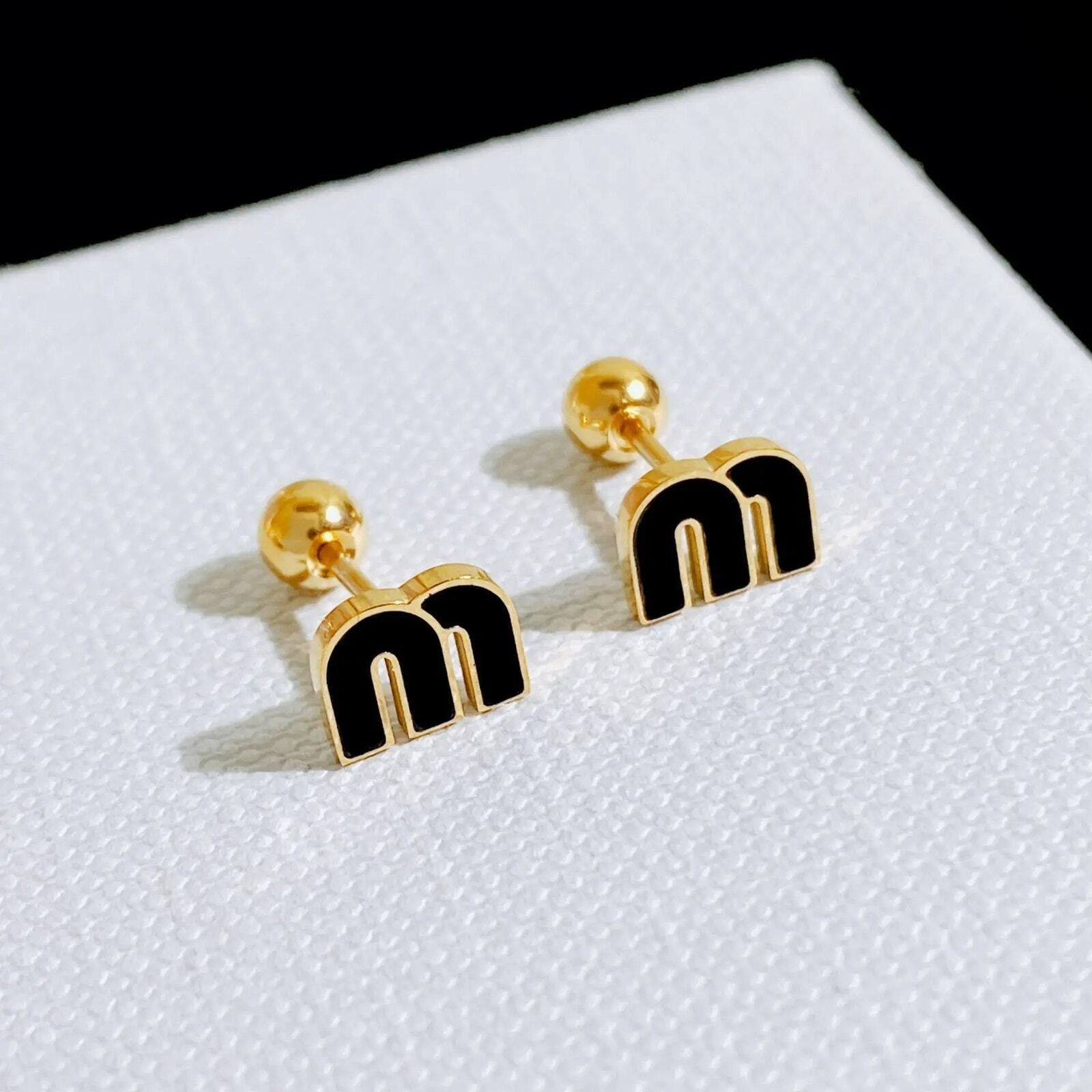 Dainty Black Letter M Charm Stud Earrings Stianless steel