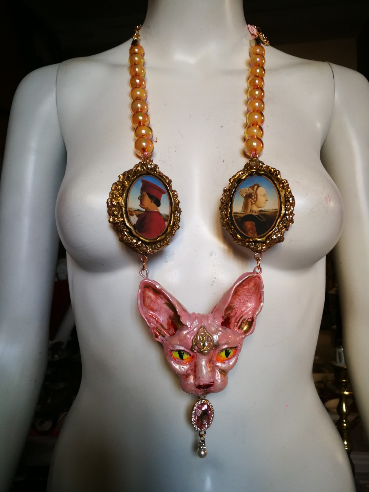 Statement Luxury Necklace Jewelry Pendant Sculpture Sphynx Cat Antique Cameo Bib
