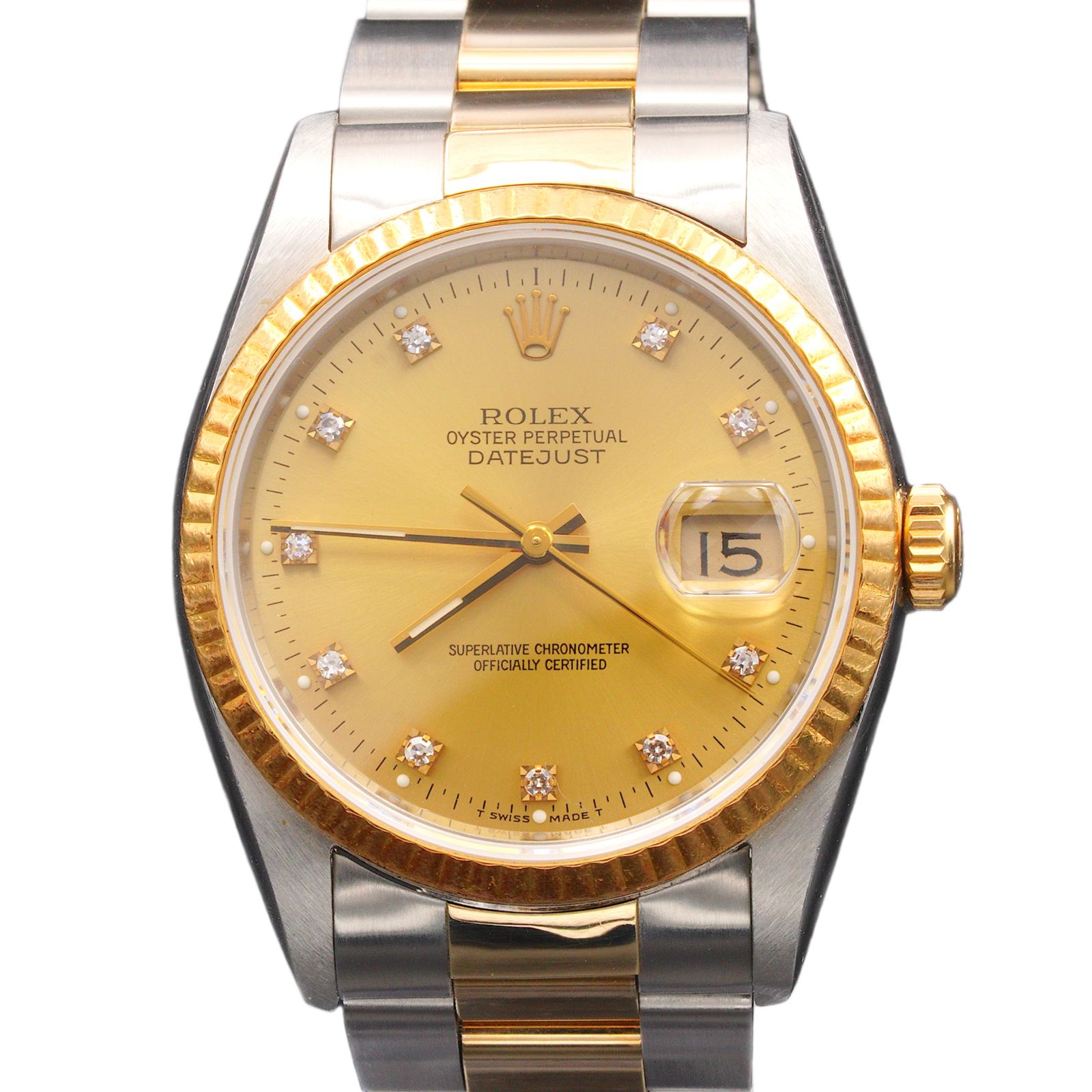 Mens Rolex 2Tone Yellow Gold Stainless Steel Datejust Gold Diamond Dial 16233
