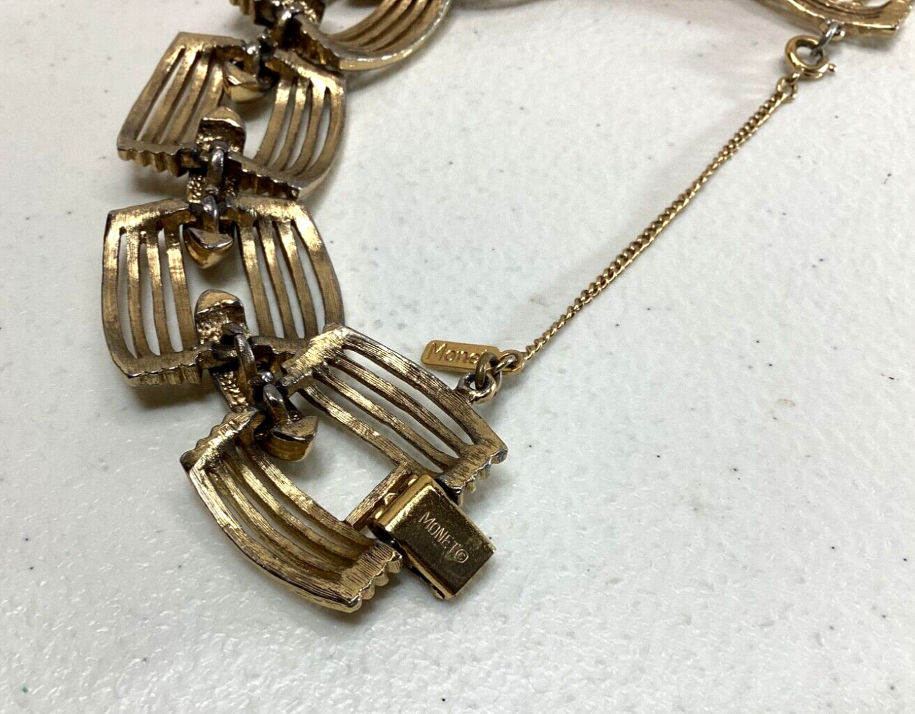 Monet Vintage Bracelet Gold-Tone Links Signed with Hangtag and Safety Chain 7 in