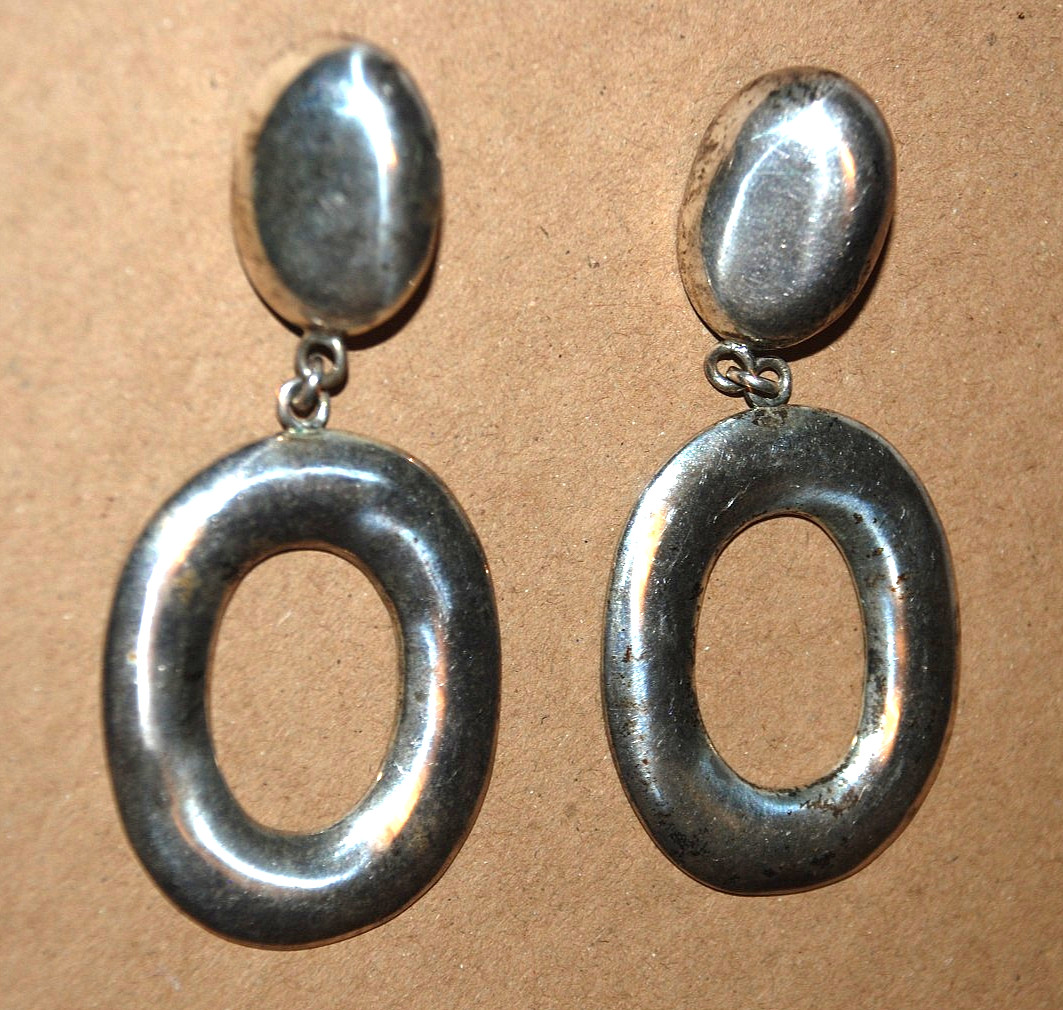 .925 Sterling Silver Modernist Oval Drop Dangle Earrings CT09 Mexico 1950s 3.25″