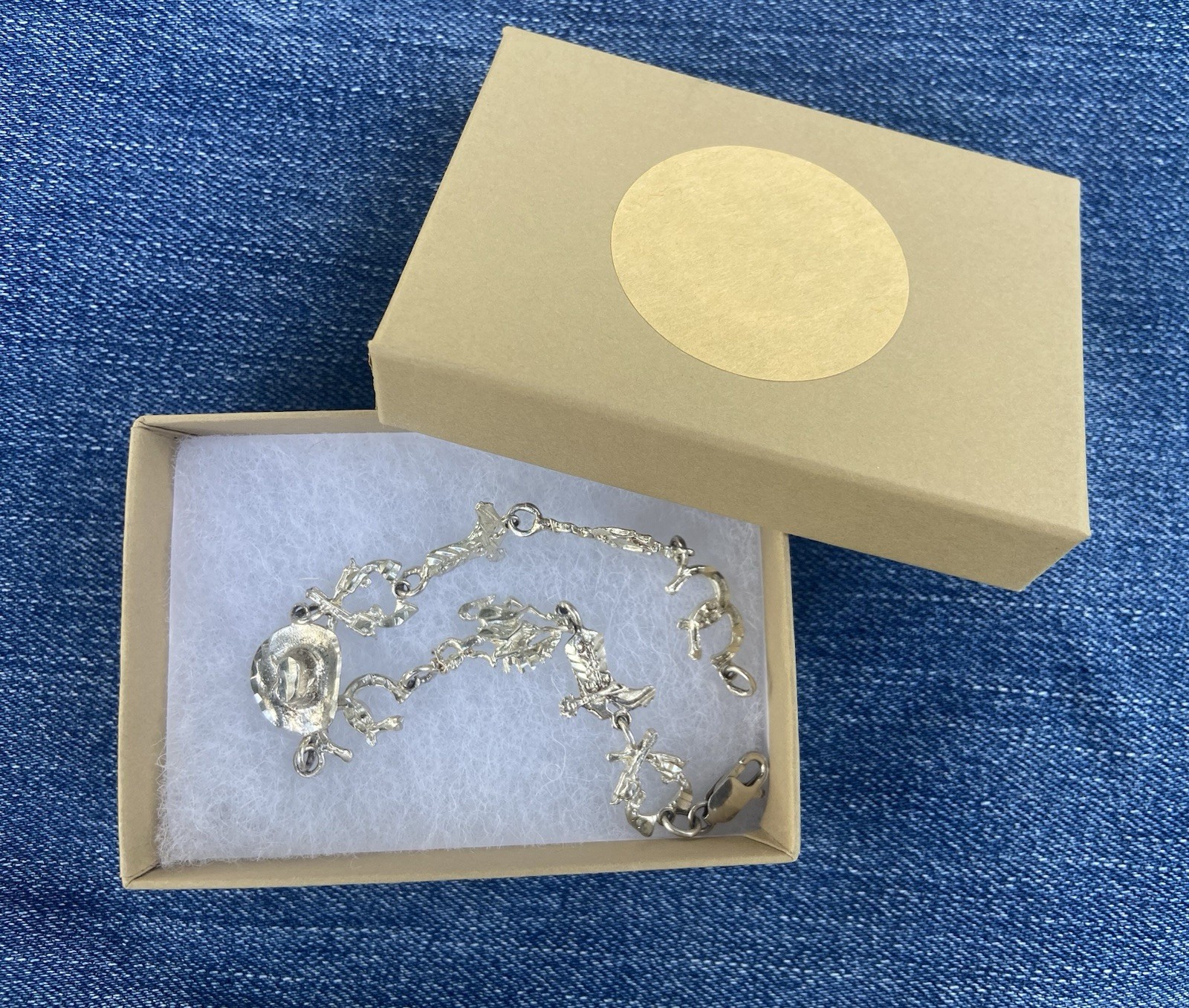Sterling Silver 925 Vintage Western Charm Bracelet Cable Chain 7.25in