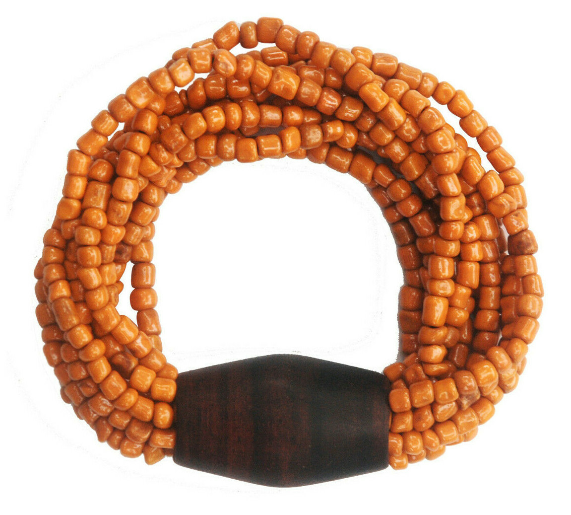 Antique White 10-Strand Glass Beaded Stretchable Bali Bracelet with Wood Bead