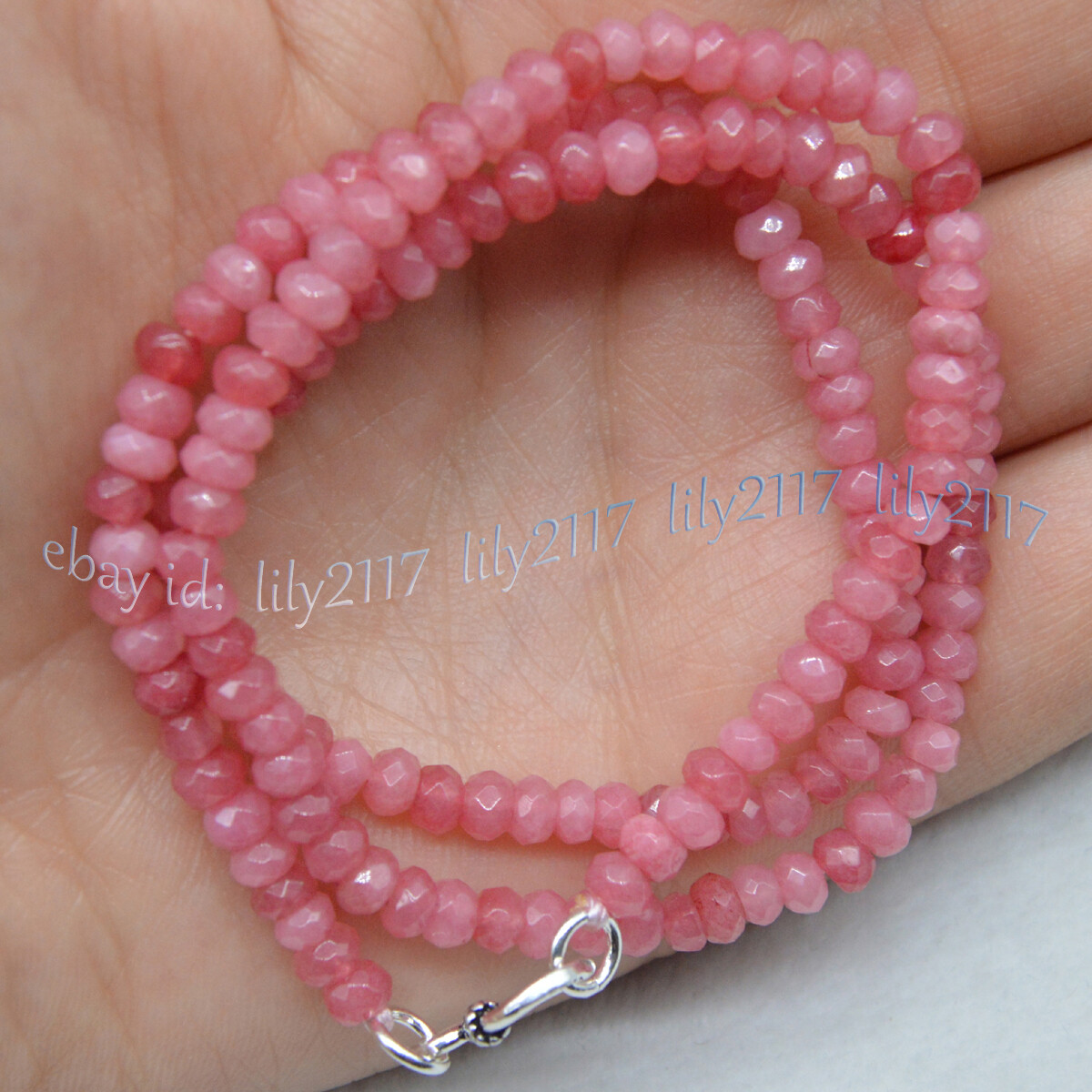 2x4mm Natural Pink Rhodochrosite Faceted Gem Roundel Beads Necklace Silver Clasp