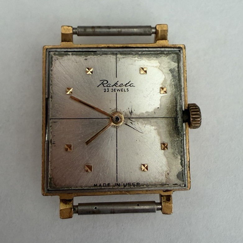 Raketa Vintage 23 Jewels Square Analog Dress Watch Silver Dial Stick Indices