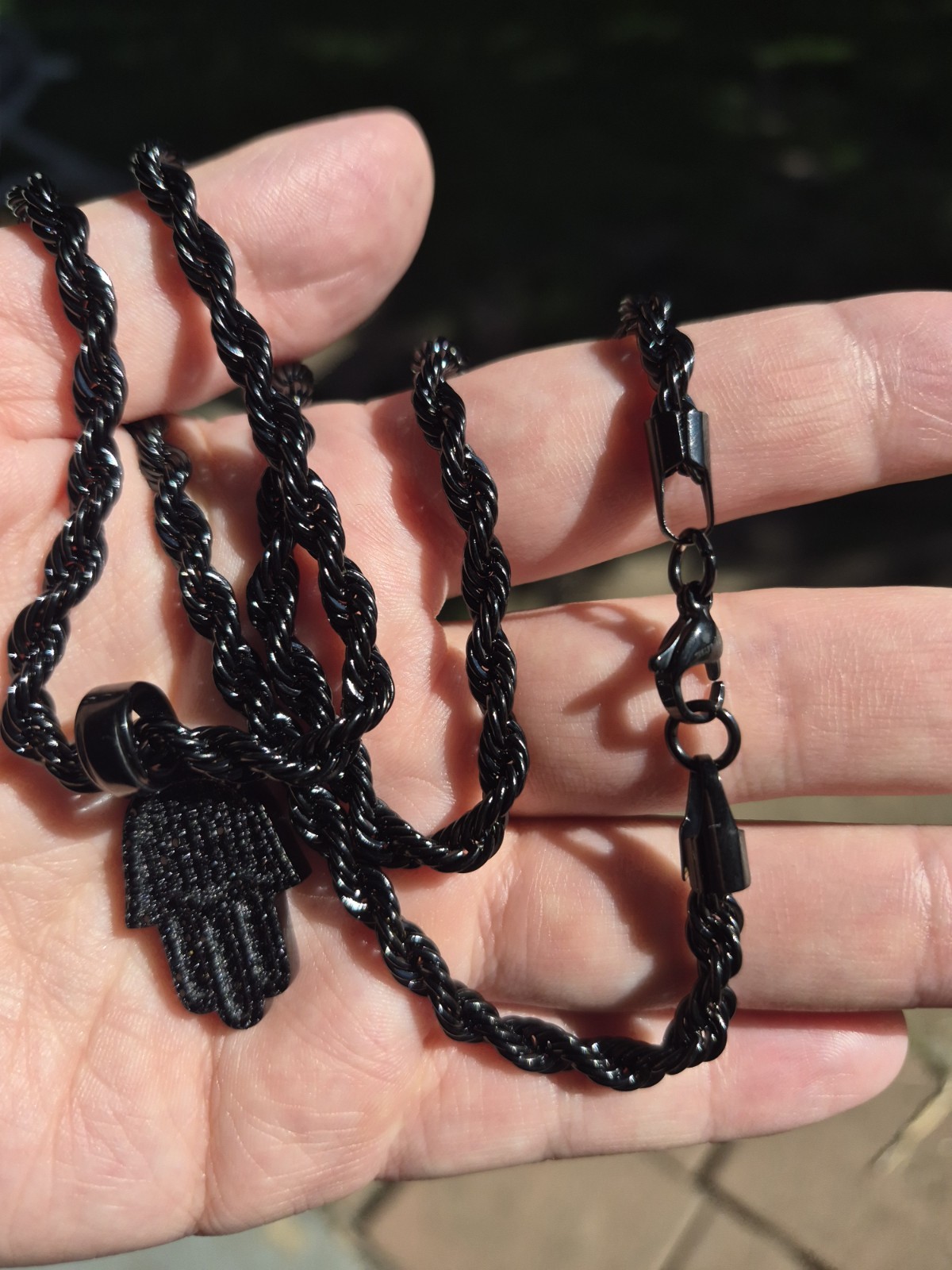 Hamsa Black Stainless Steel Rhodium 20in Twisted Rope Necklace Hamsa Pendant