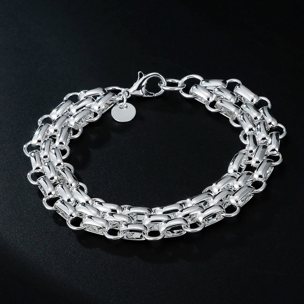 925 Sterling Silver Women Lnterlocking Circle Bracelet Chain Fashion Jewelry