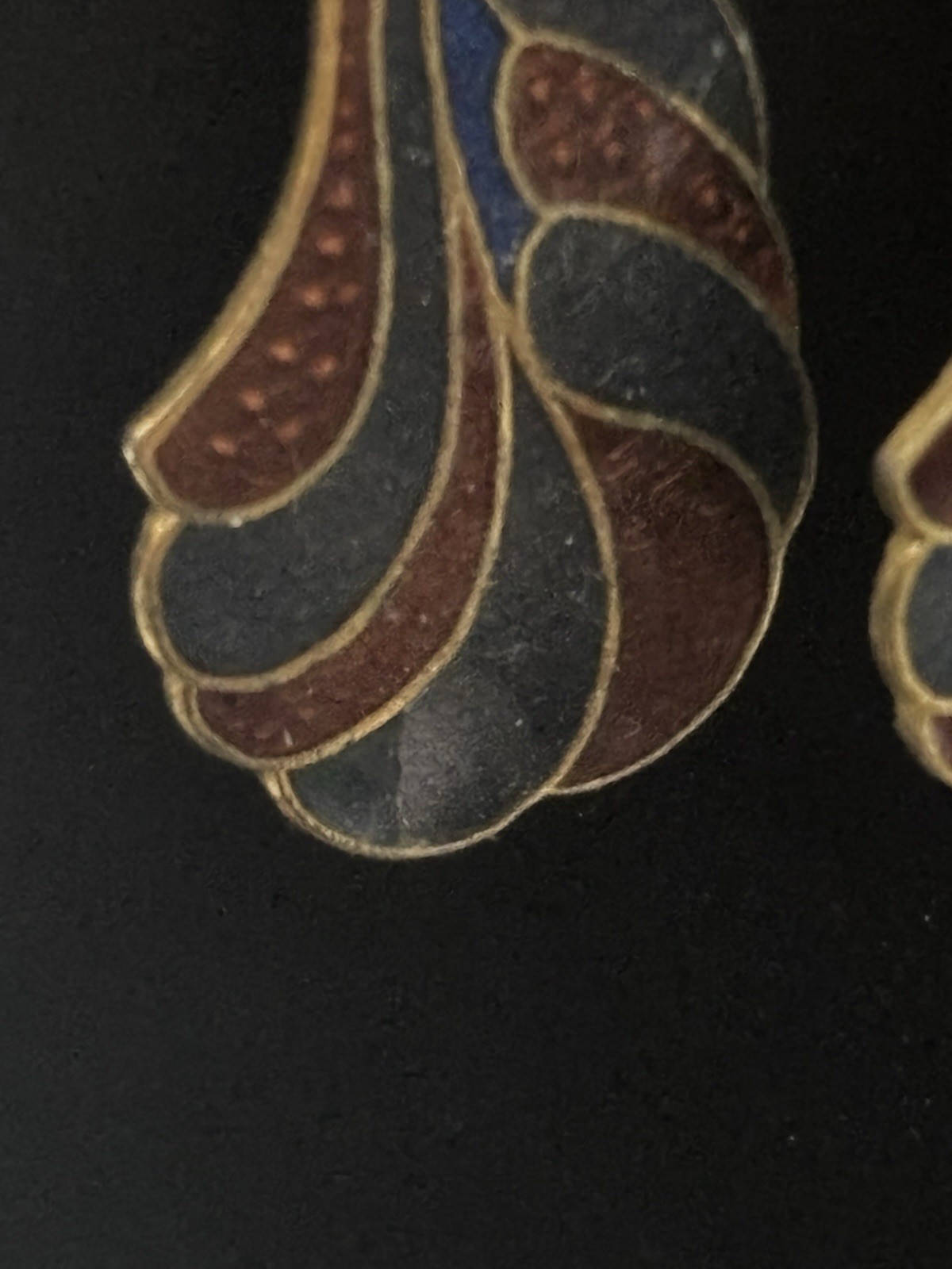 Vintage Cloisonne Enamel Dangle Earrings Red Blue Feather Design