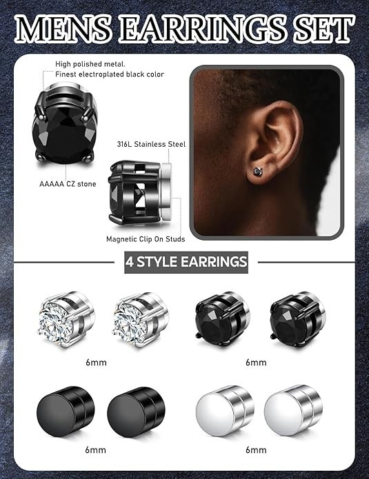 4 Pair Men Women Stainless Steel Magnetic Stud Earrings Non-Piercing Clip on E40