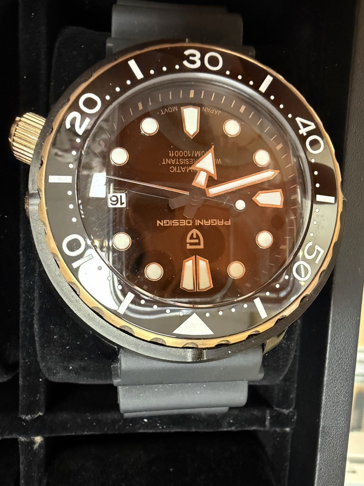Pagani Design Automatic Diver Watch Black Dial Gray Silicone Date 300m