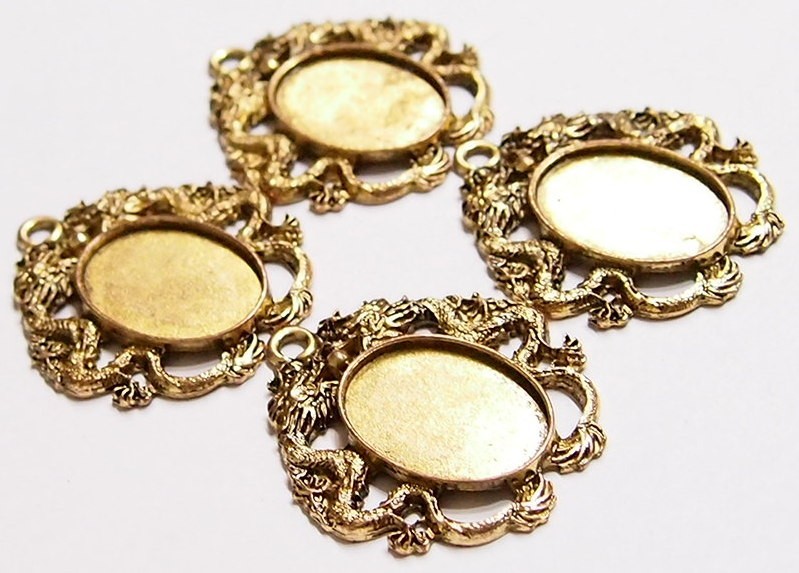 4 of 25x18mm Antique Gold Victorian Deco Dragon Cab Pendant Settings 44x39mm