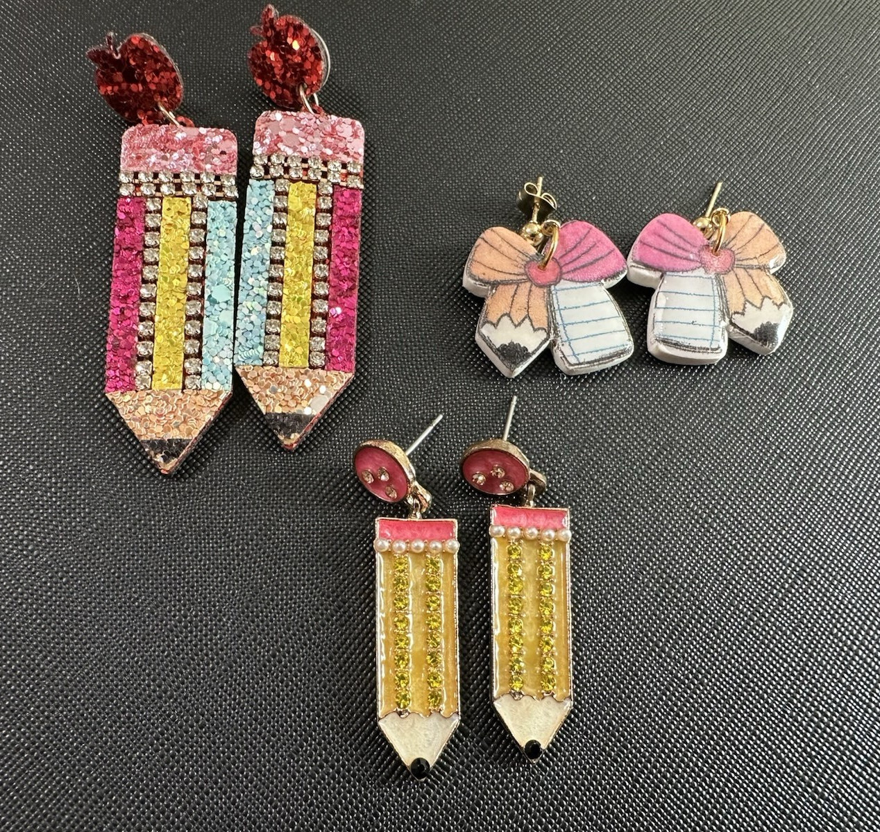 3-Pair Earring Set Multicolor Rhinestone Dangle Pencil Sparkle Designs