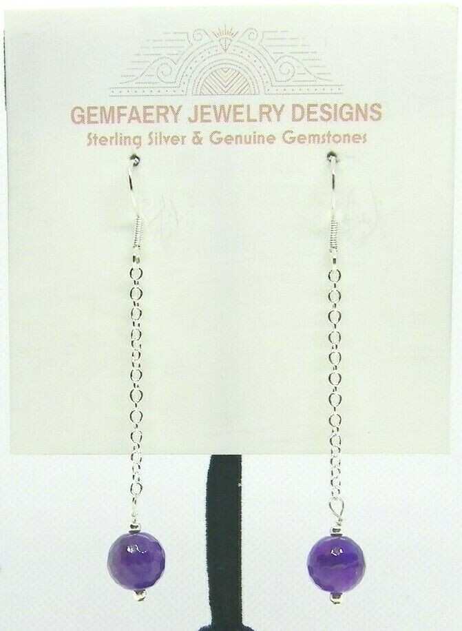 Sterling Silver Natural AMETHYST Long Chain Dangle Earrings #…Handmade USA