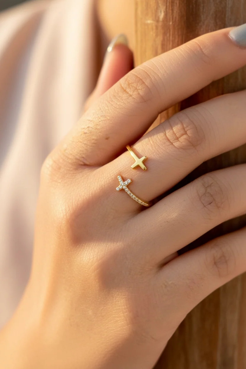 Gold & CZ Double Cross Ring by Stella Amoré: Adjustable Christian Jewelry