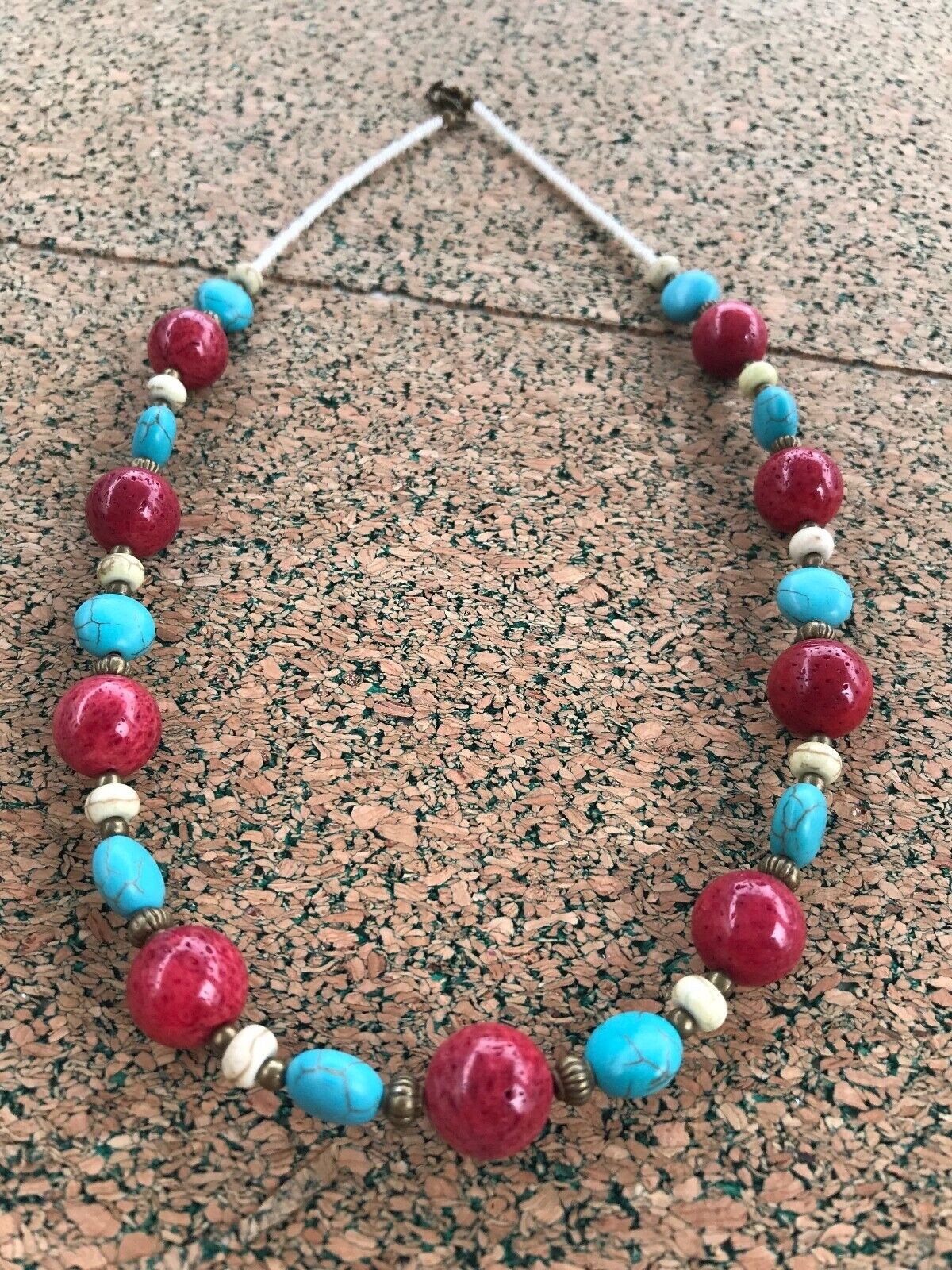 Handmade Necklace Blue and Yellow Magnesite and Red Coral Beads with Bronze Tone