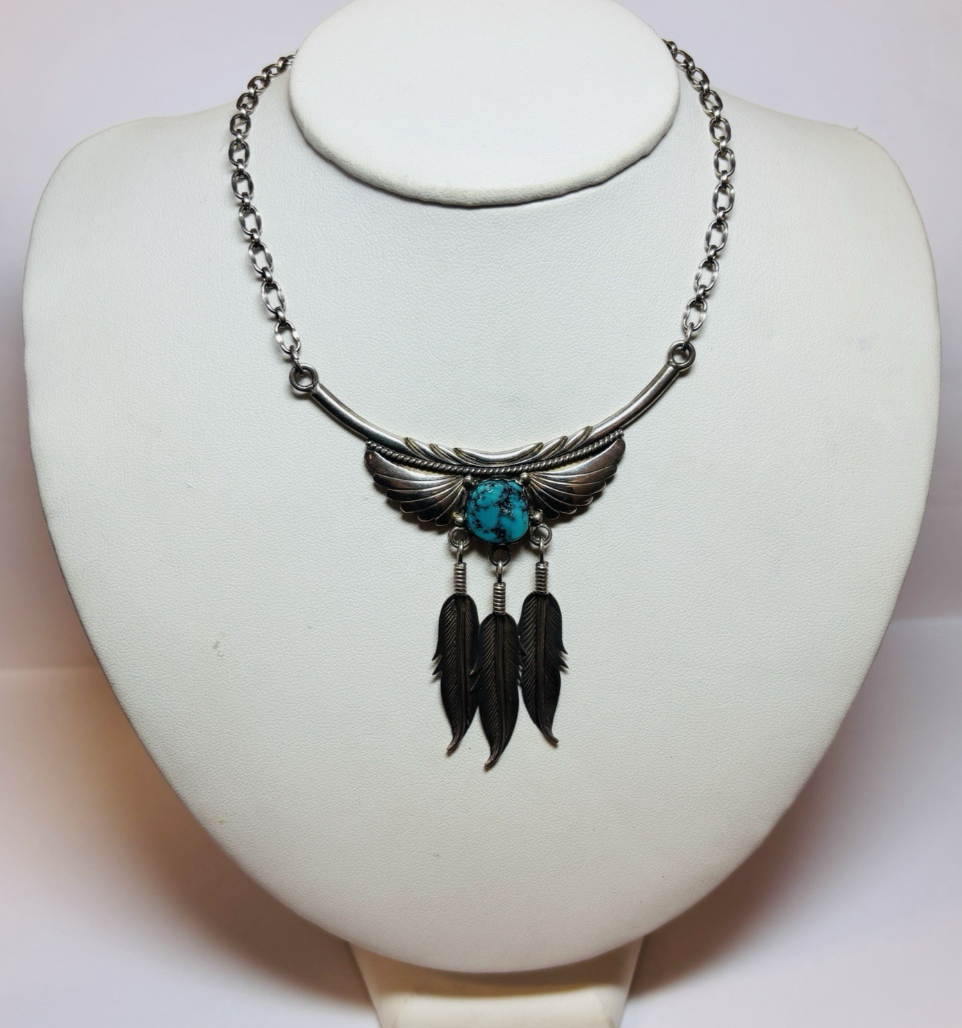 Navajo Signed Kary Begay Sterling Silver Turquoise Feather Necklace 20.5 in -.79