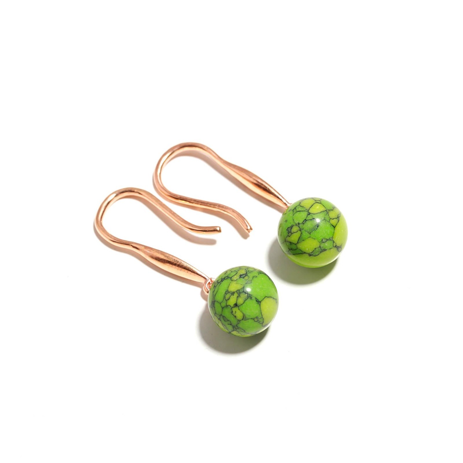Natural Green Jasper Ball Dangle Earrings Rose Gold Plated Solid Silver Jewelry