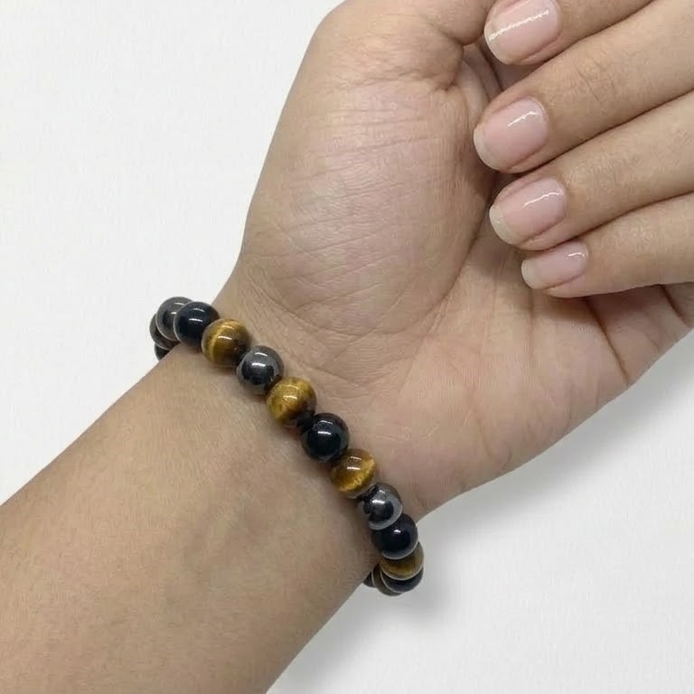 Triple Protection Bracelet with Tiger Eye, Hematite & Black Onyx | Stretch Beads