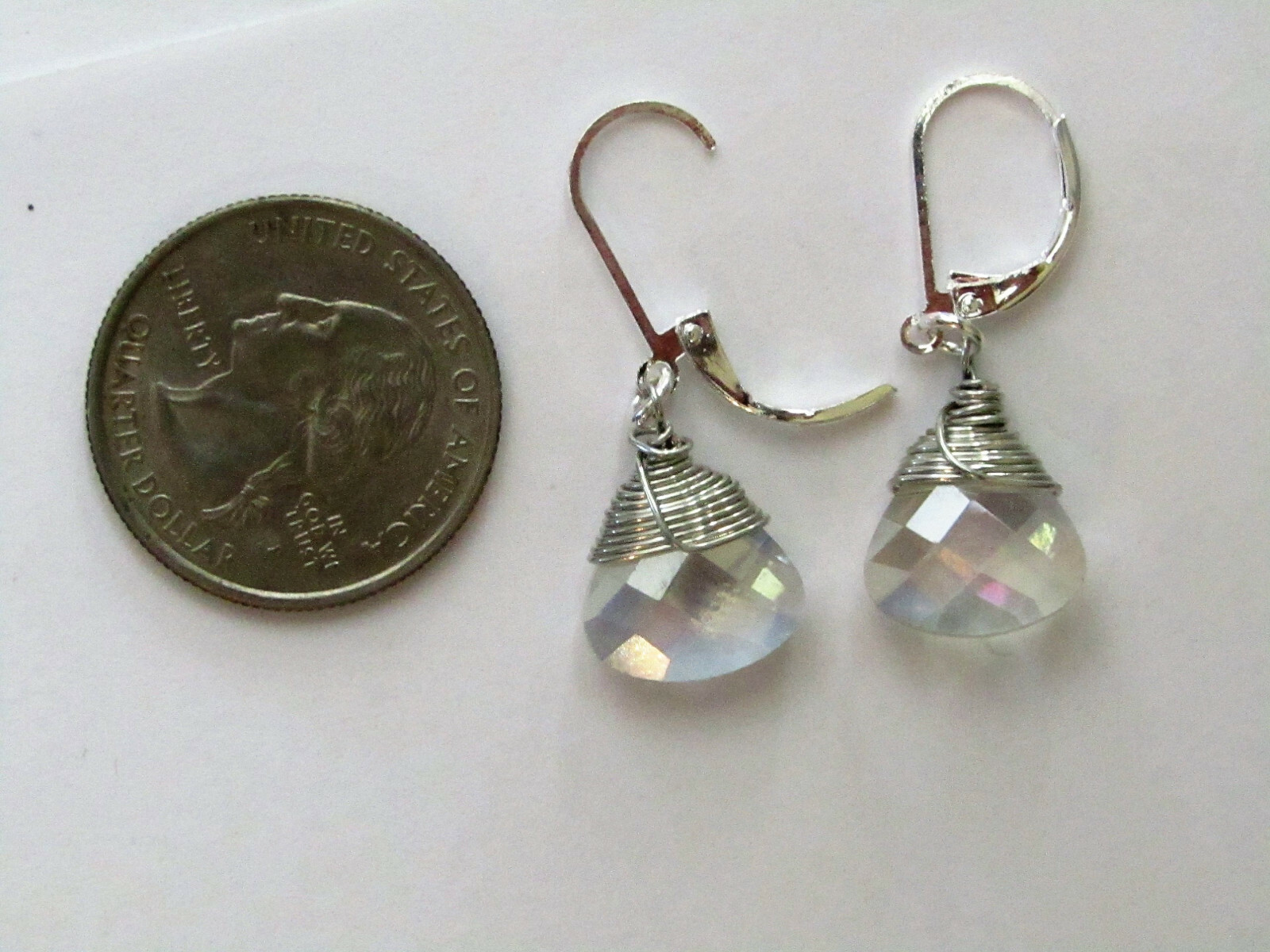 Clear AB Crystal Teardrop Silver LEVERBACK Dangle Earrings