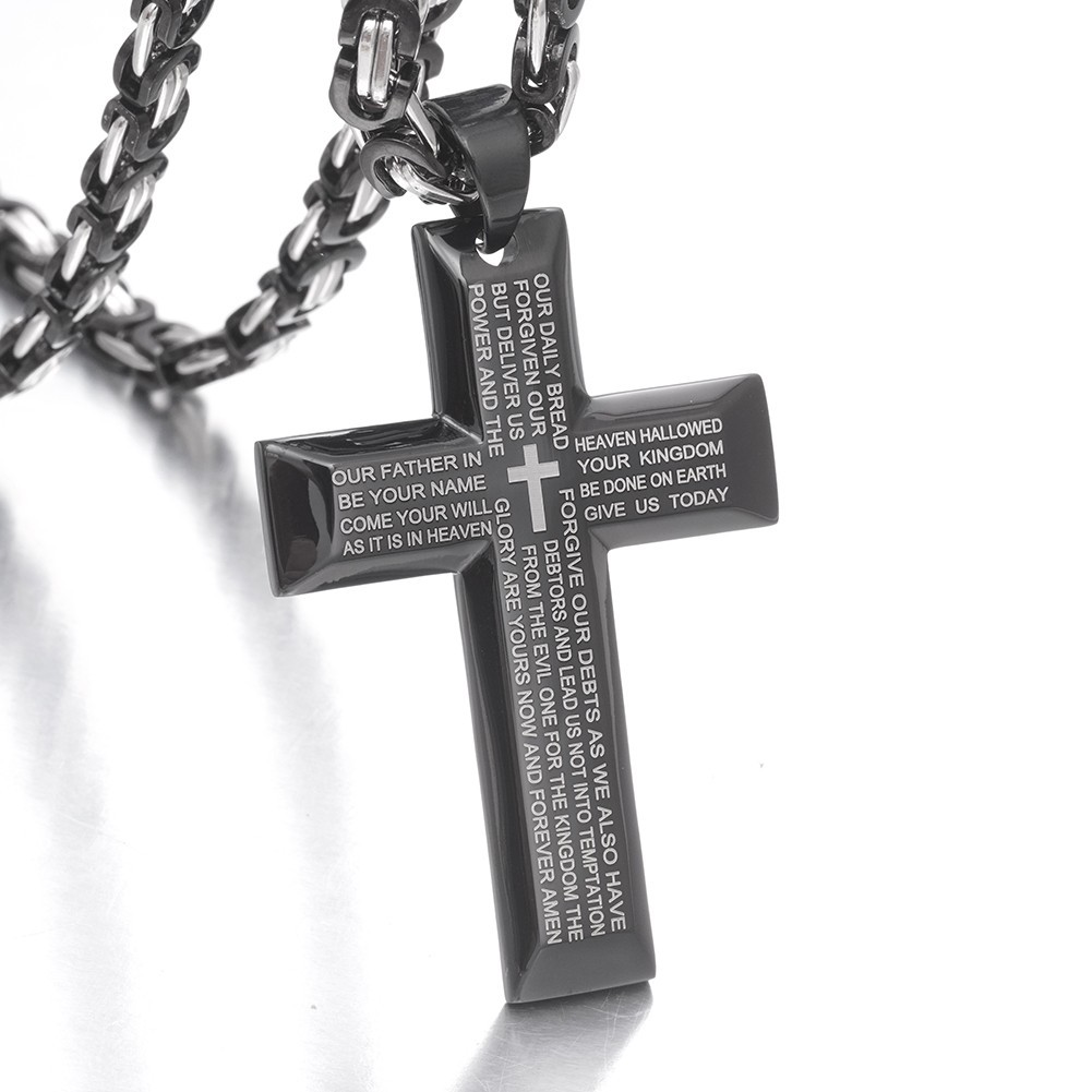 Men’s Black Stainless Steel Scripture Cross Pendant Necklace Byzantine Chain