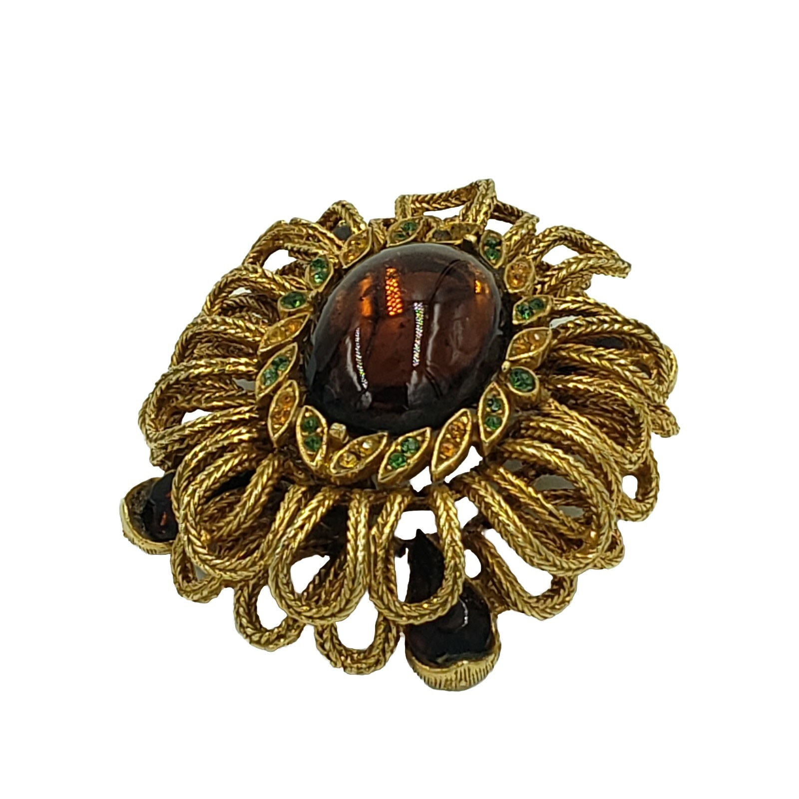 CAPRI Brooch Amber Cabochon Rhinestone Gold Tone Loop Signed Vintage