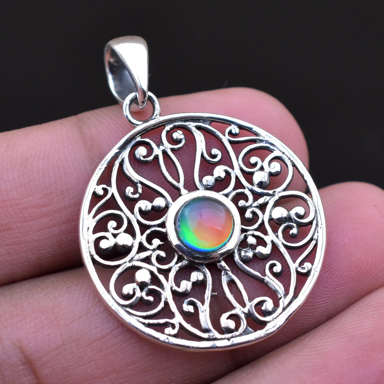 925 Sterling Silver Aurora opal Round Pendant, Handmade Boho Jewellery