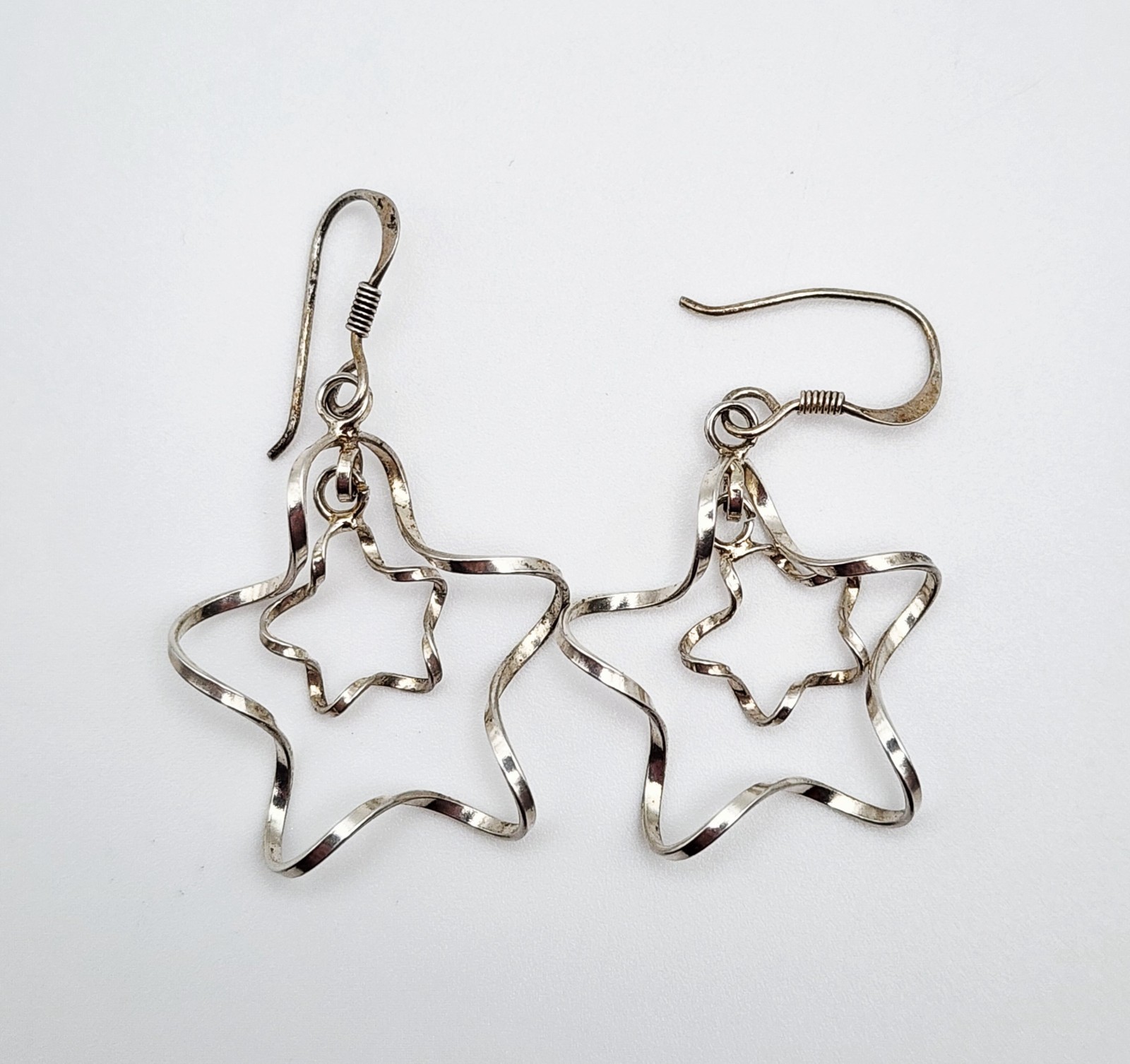 Vintage Sterling Silver Twisted Double Star Dangle Earrings