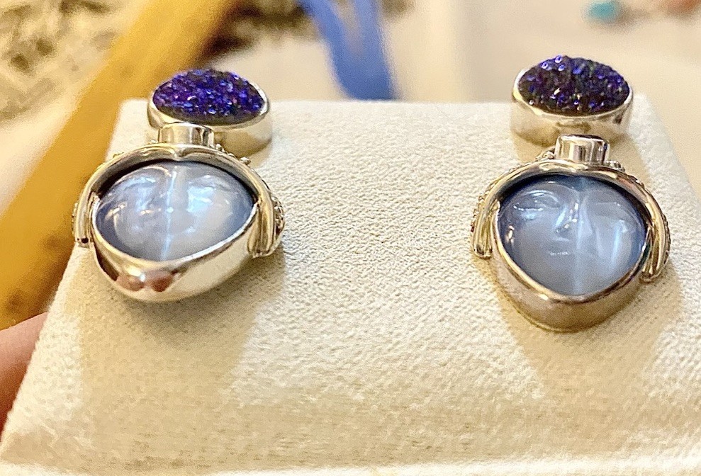 Vintage Sajen 925 Sterling Silver Carved Goddess Face Druzy, Topaz Earrings