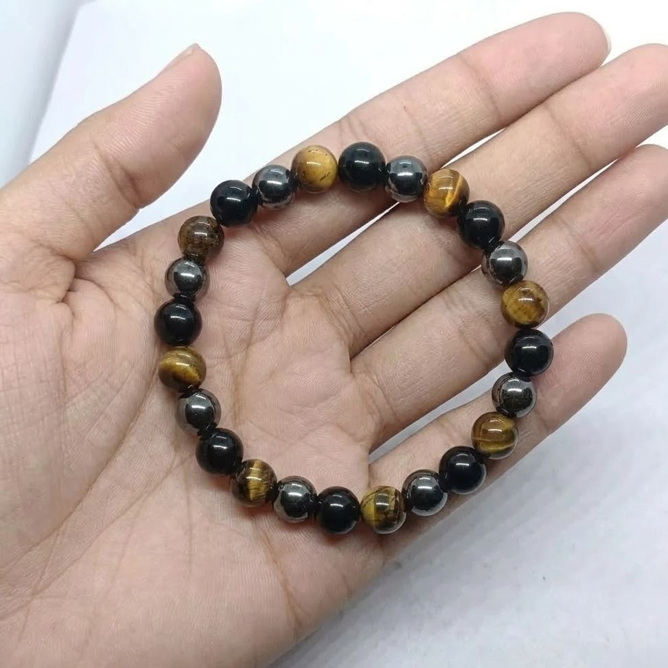 Triple Protection Bracelet with Tiger Eye, Hematite & Black Onyx | Stretch Beads