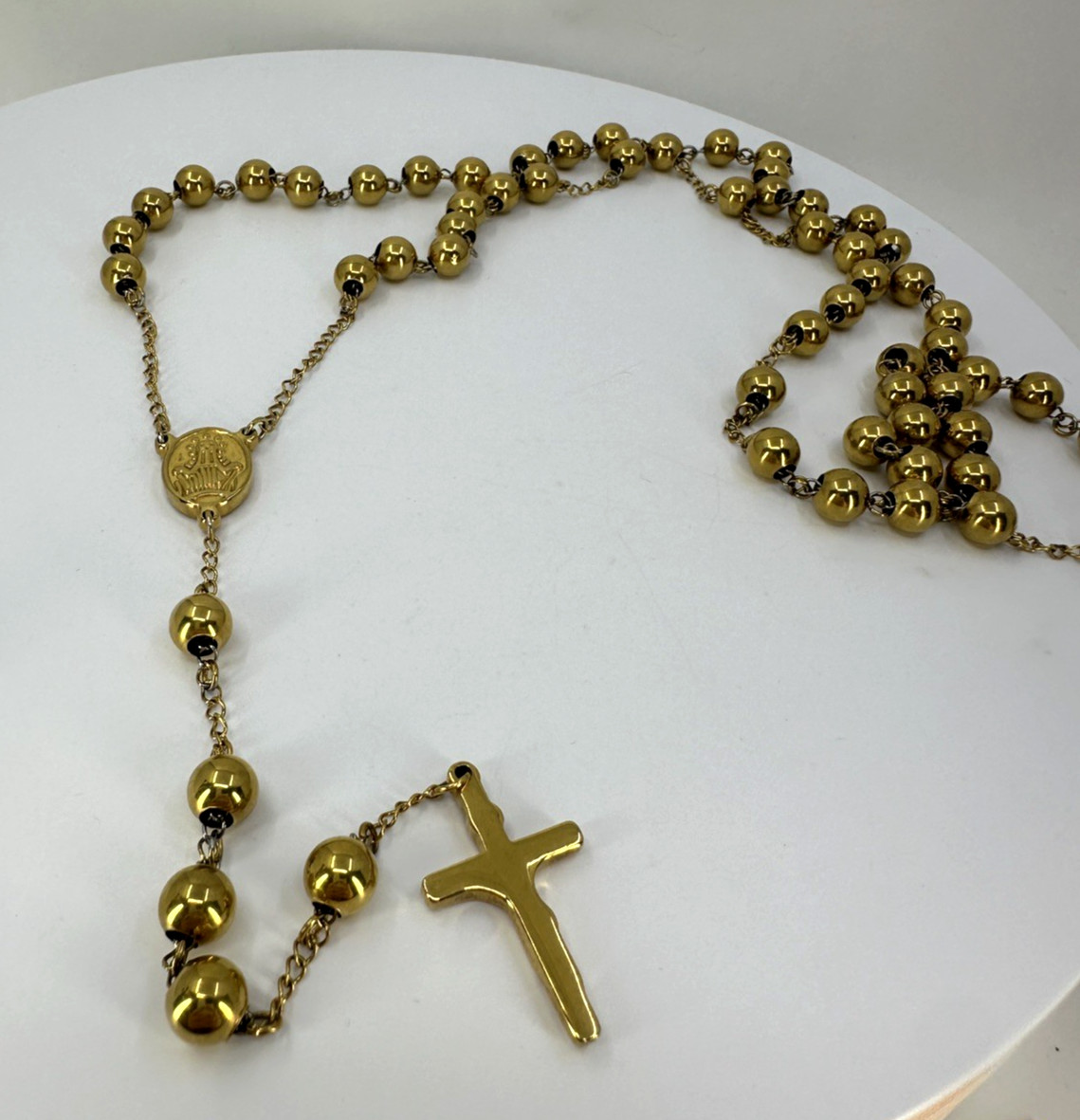 Heavy Gold Tone Rosary Necklace 34 Inches 6 Inch Dangle