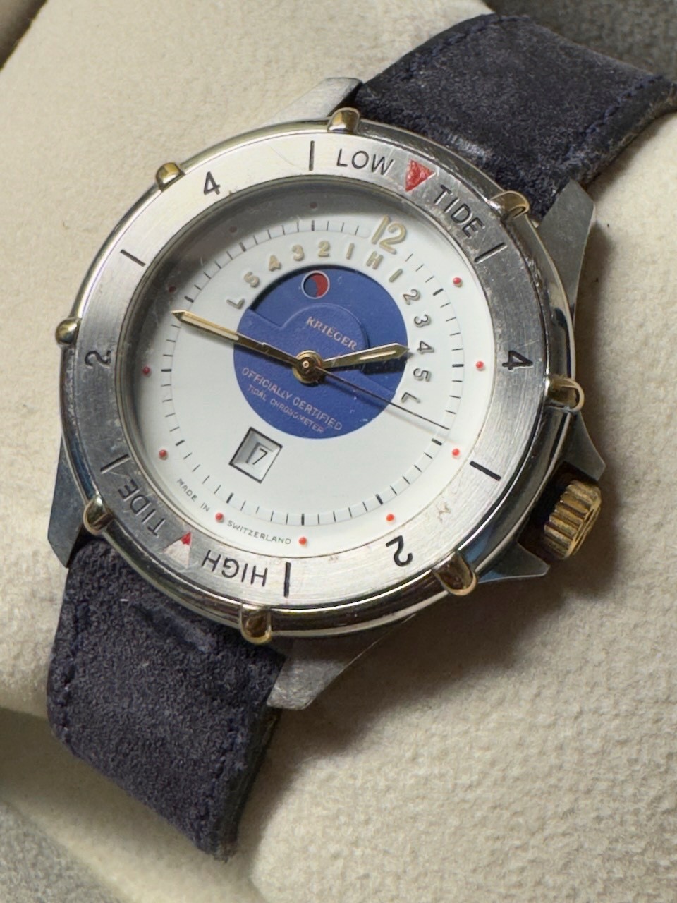 Krieger Tidal Chronometer 7 Jewels Swiss Quartz Mens Watch w/Box Classic Vintage