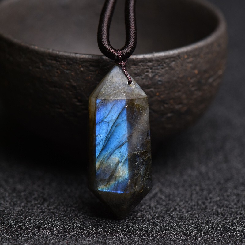Labradorite Blue Flash Hexagon Point Pendant Healing Energy Amulet Necklace