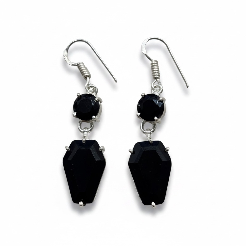 Designer Black Onyx Coffin 925 Solid Sterling Silver Dangle Drop Earrings