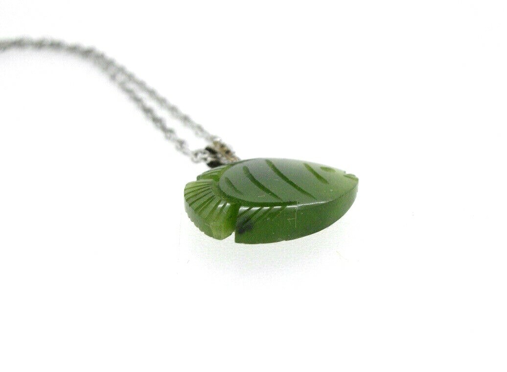Pendant Green Nephrite Jade ANGEL FISH Sterling Silver16″ rope chain