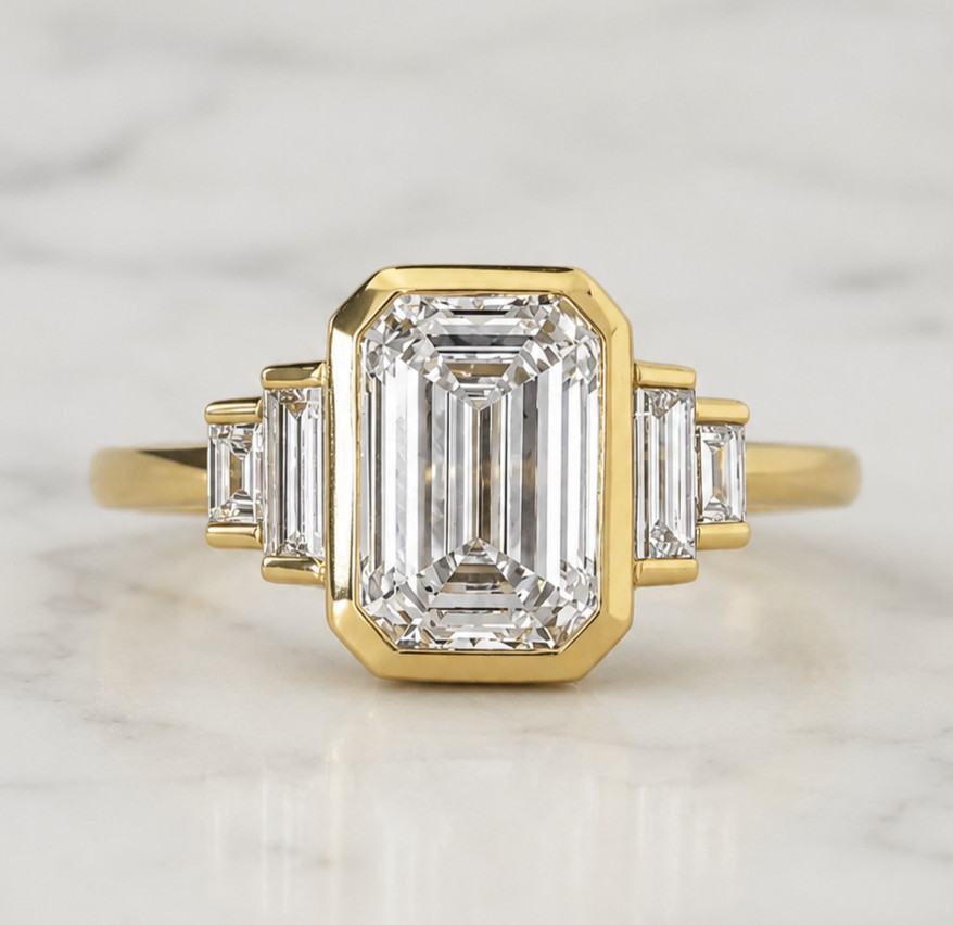 3 Carat Lab Grown Emerald Cut Diamond Bezel Set Engagement Ring in Yellow Gold