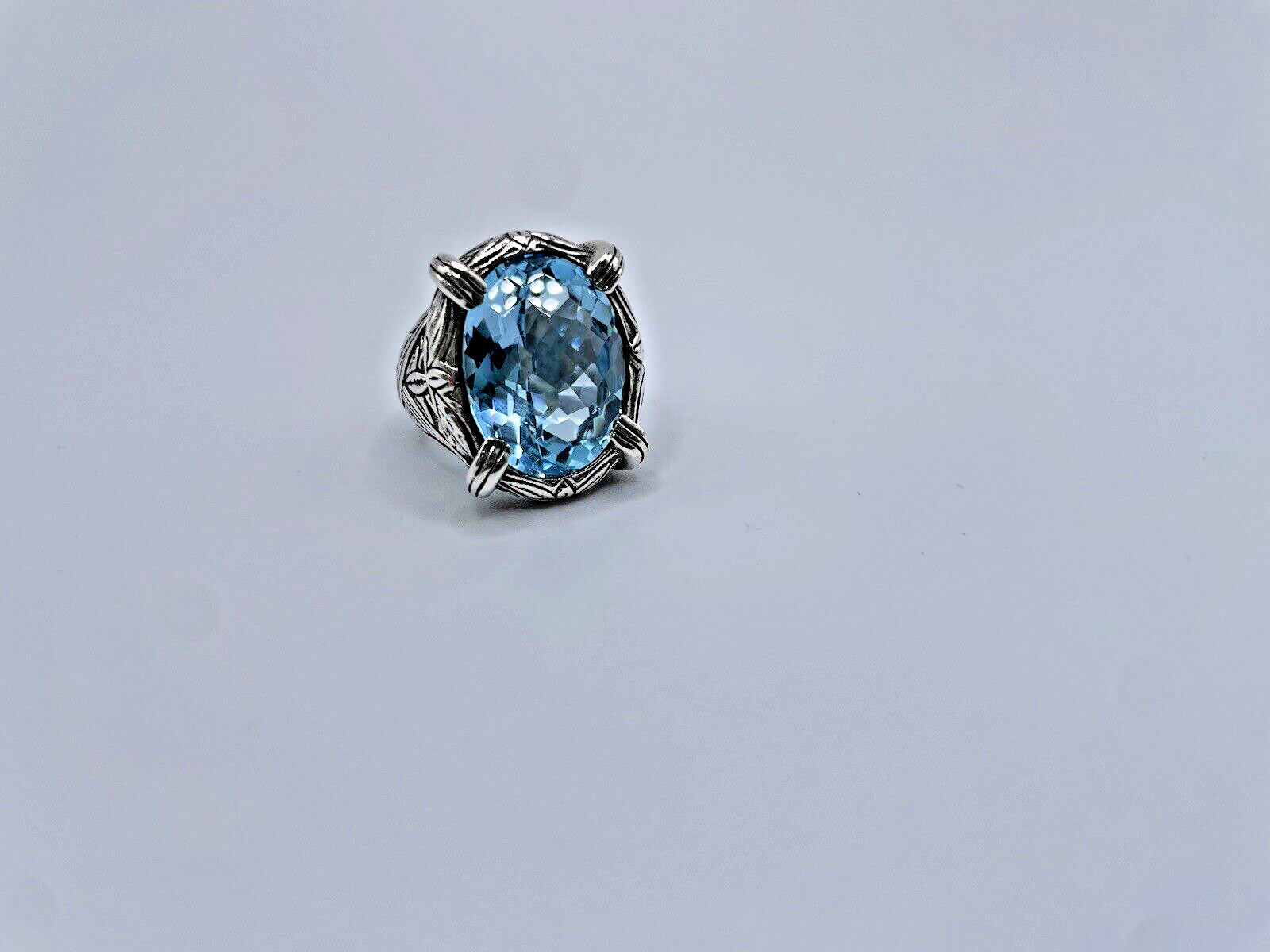 Stephen Dweck Faceted Blue Topaz Ring in Engraved Sterling Silver