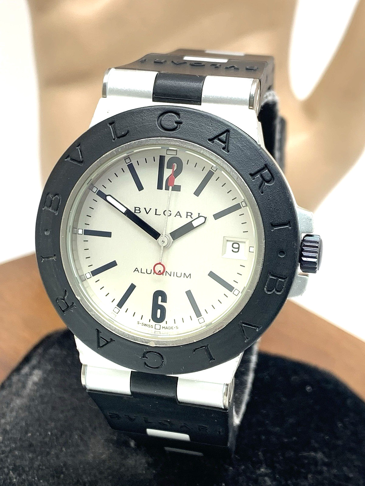 Bvlgari Men’s Watch AL38A Aluminum Swiss Automatic Silver Dial Black Rubber 38mm