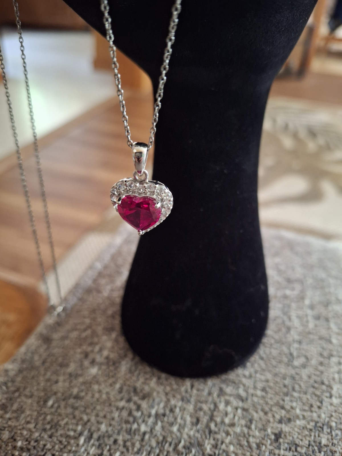 Heart Red And White Cz Sterling Silver Necklace 18in.