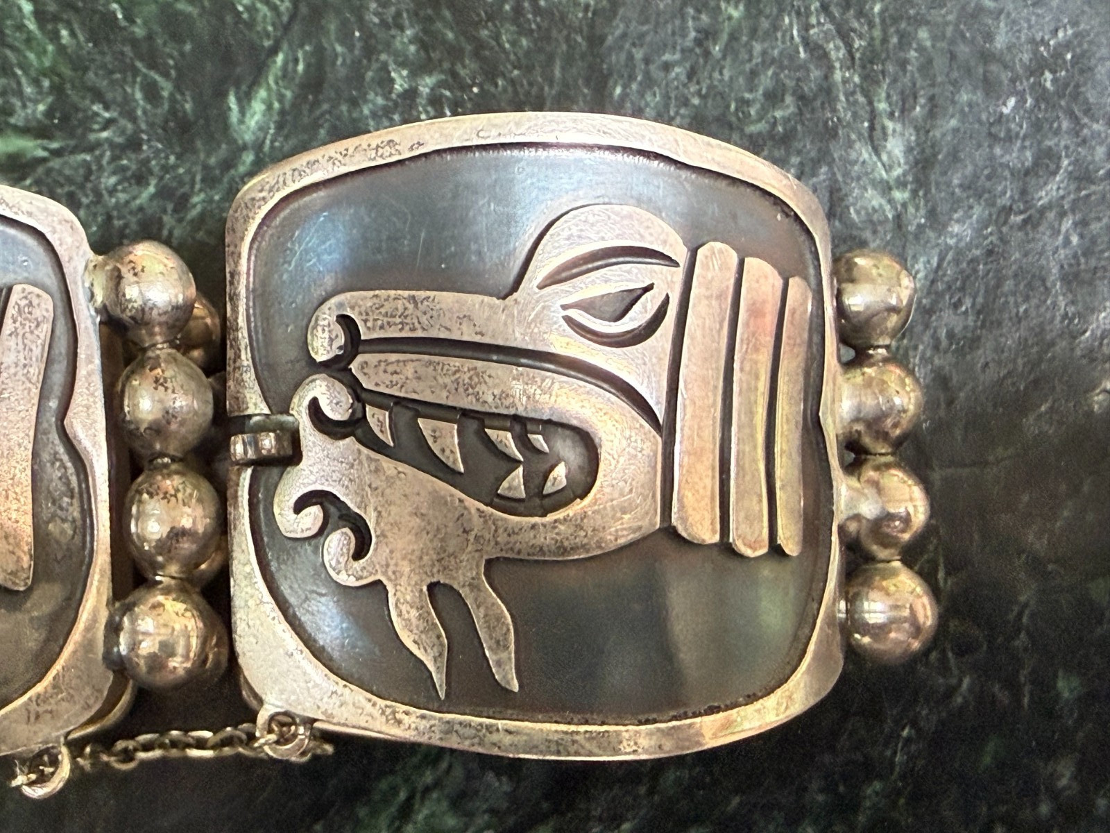Vintage Taxco Quetzalcoatl dragon panel bracelet – hallmarked