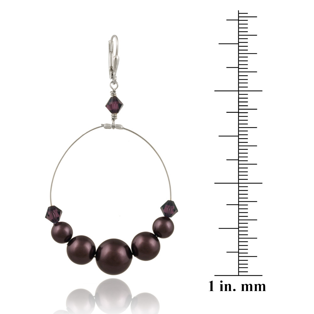 925 Silver Burgundy Crystal & Pearl Dangle Wire Earrings