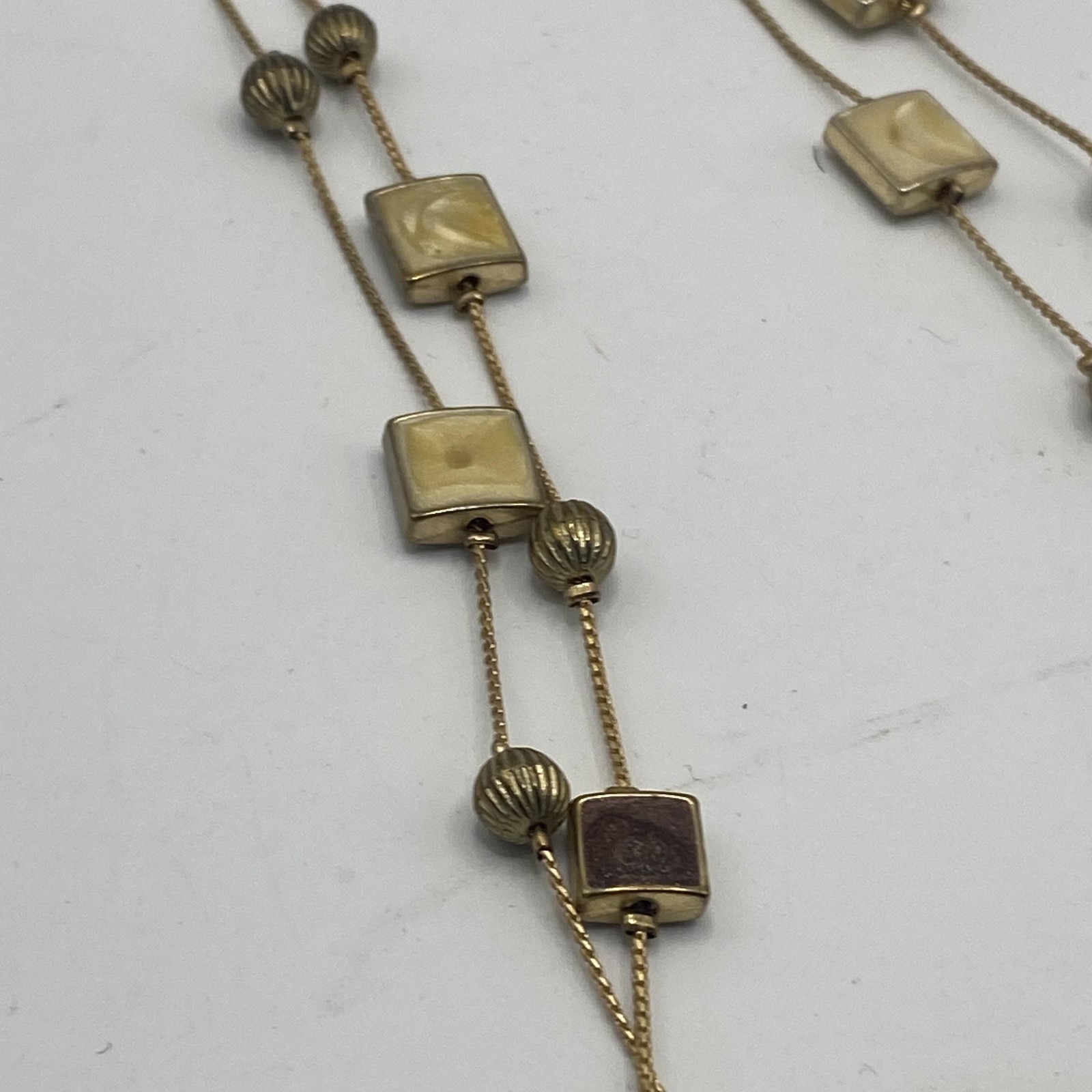 Gold Tone Cream Resin Station Necklace Layered Strand Lobster Clasp Jewelry