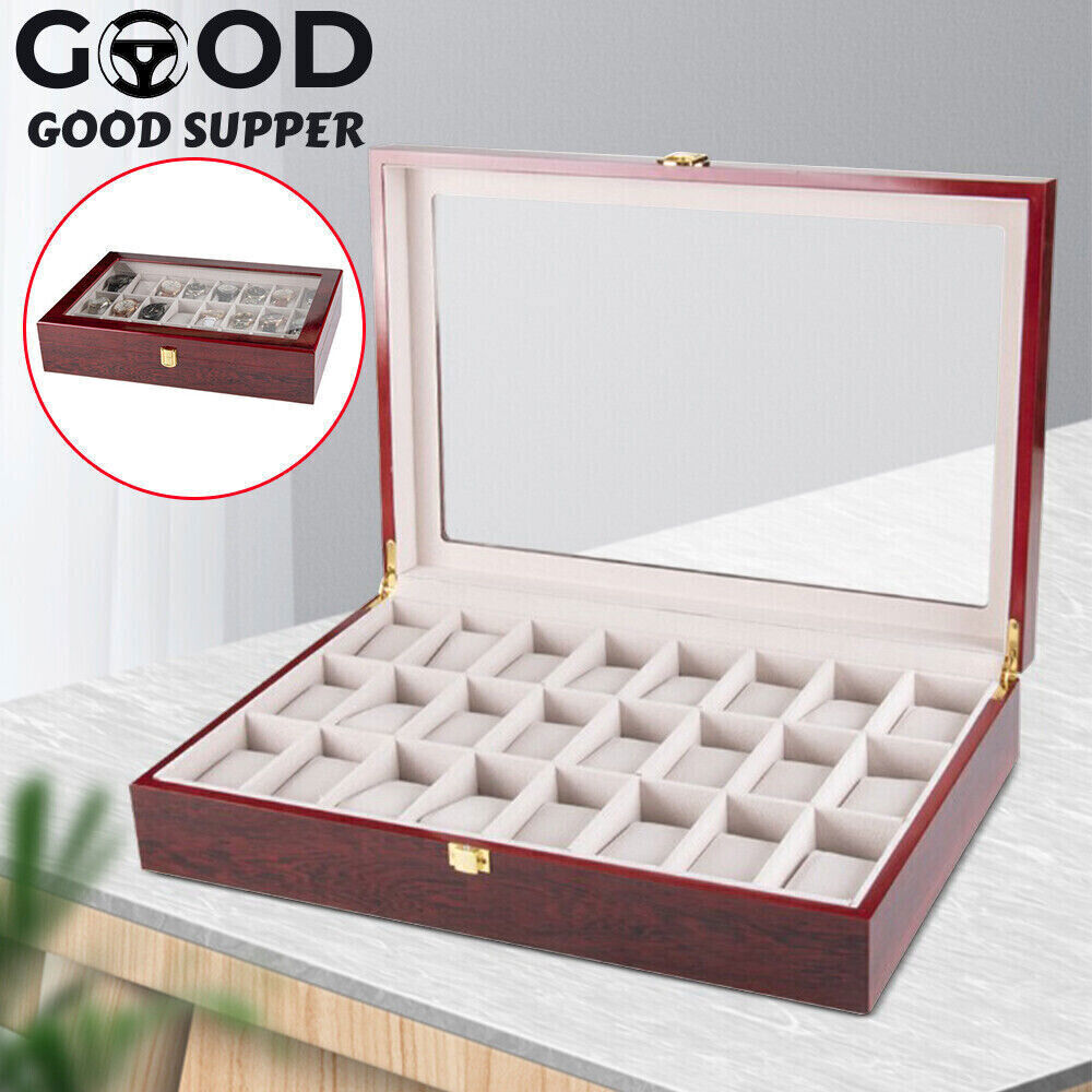 24 Slot Wood Box Watch Holder Storage Display Case Jewelry Large Storage Space