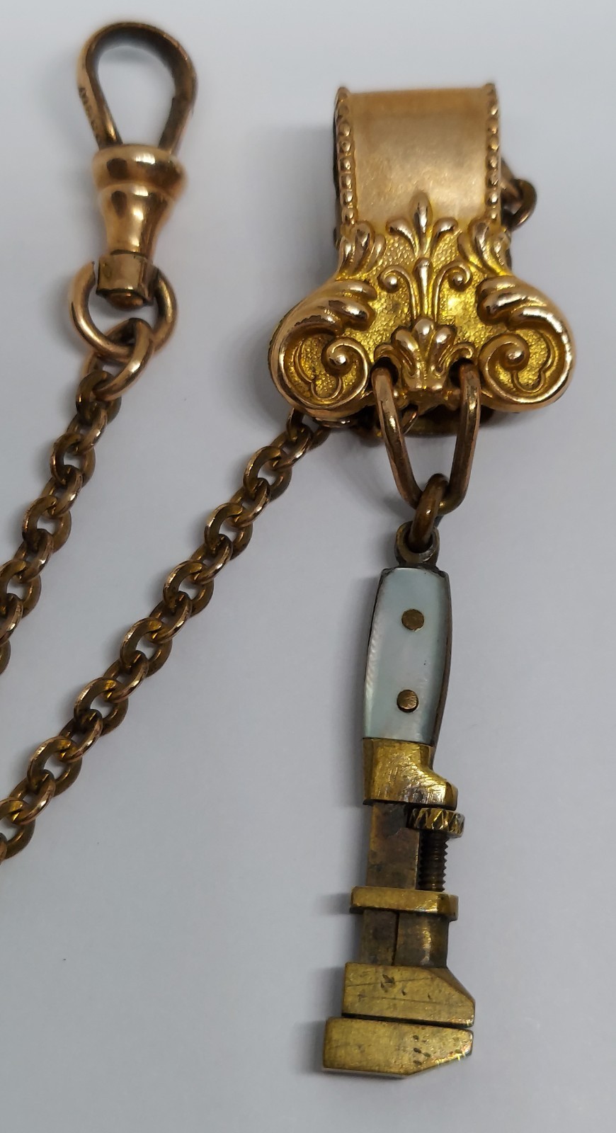 VTG Antique Miniature monkey Wrench works watch Fob charm Gold Filled Chain Clip