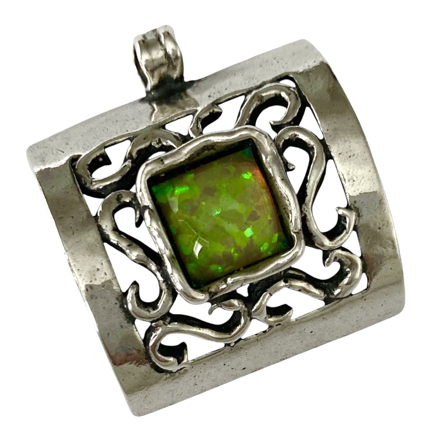 VINTAGE ARTISAN ISRAEL Sterling Silver Square Open Work Scroll OPAL Pendant