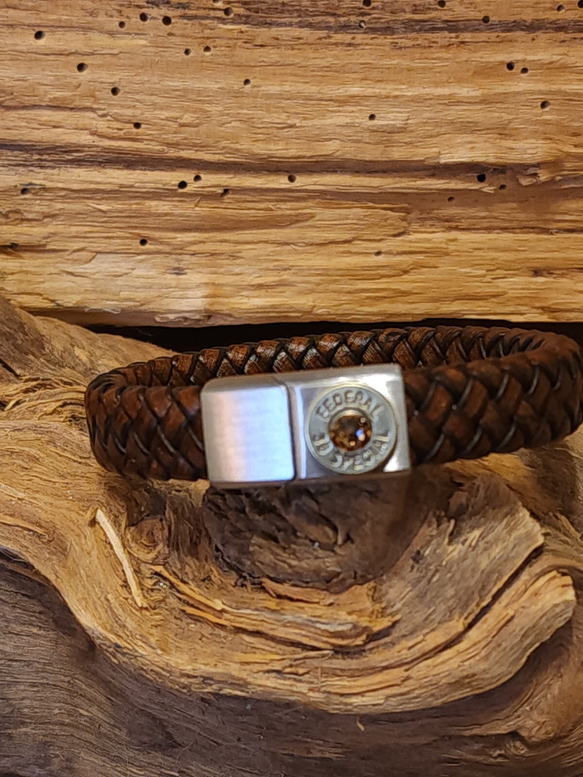 Vintage Coffee Brown Leather Bullet Bracelet. Optional Crystal.